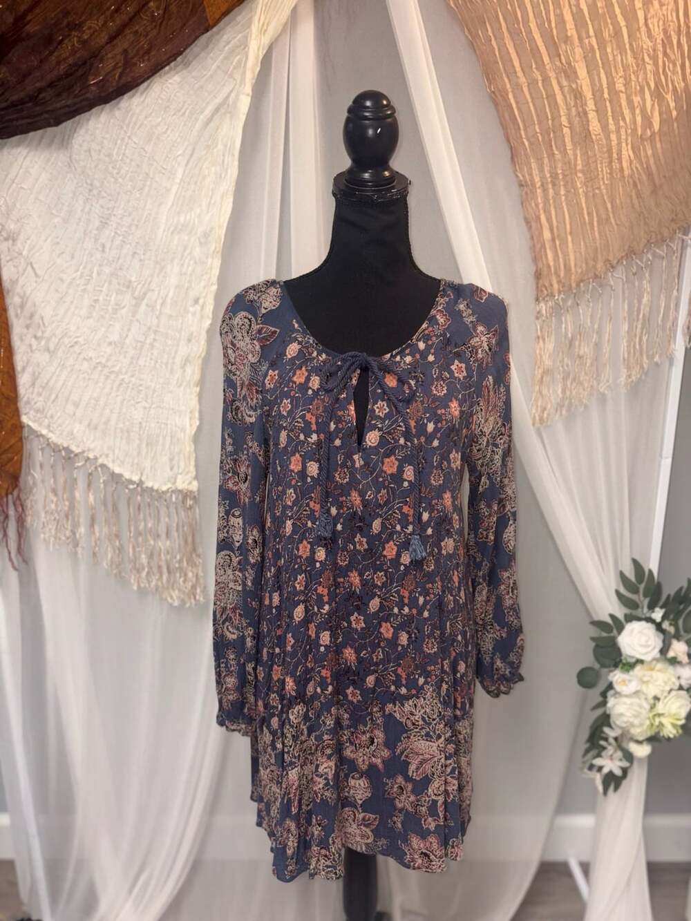 Free People Lucky Loosey Dress Size M Blue Floral
